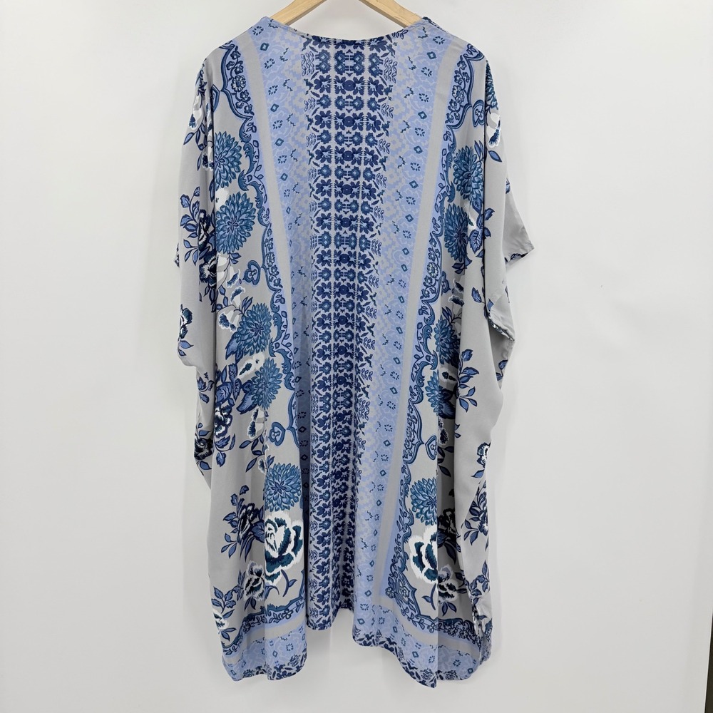 Angie Floral Kimono Women Large Blue Grey Boho Rayon Open Front Cardigan Wrap - Picture 2 of 5
